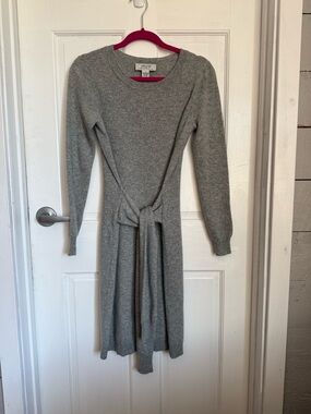 PLY Cashmere Gray Midi Long-Sleeve Tie-Waist Cashmere Dress
